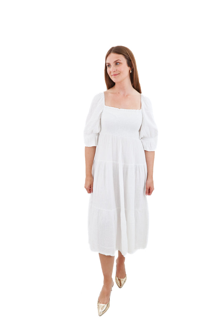 nothing fits but white smocked gauze midi dress (s/m; retail $149)