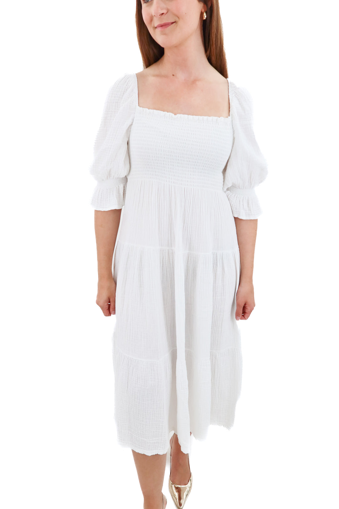 nothing fits but white smocked gauze midi dress (s/m; retail $149)