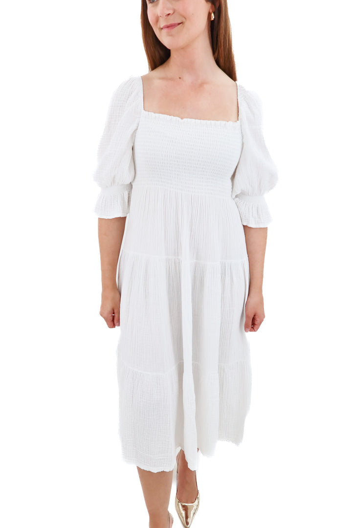 nothing fits but white smocked gauze midi dress (s/m; retail $149)