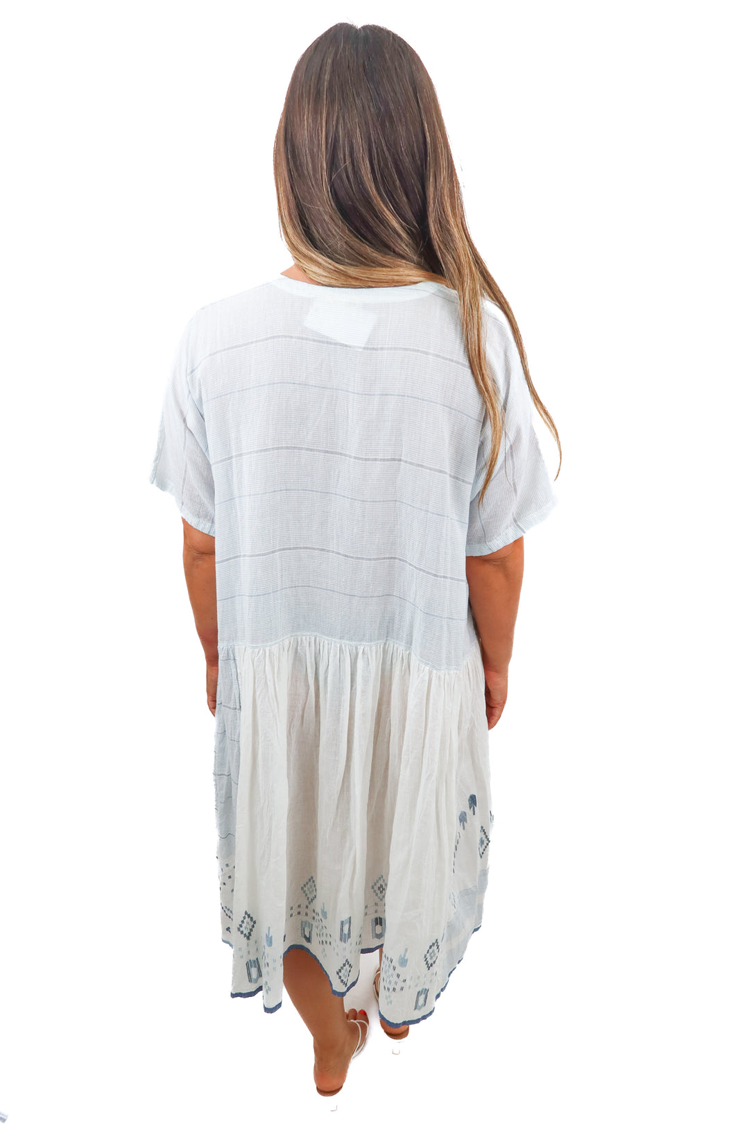 injiri white/blue linen shift dress (m; retail $450)