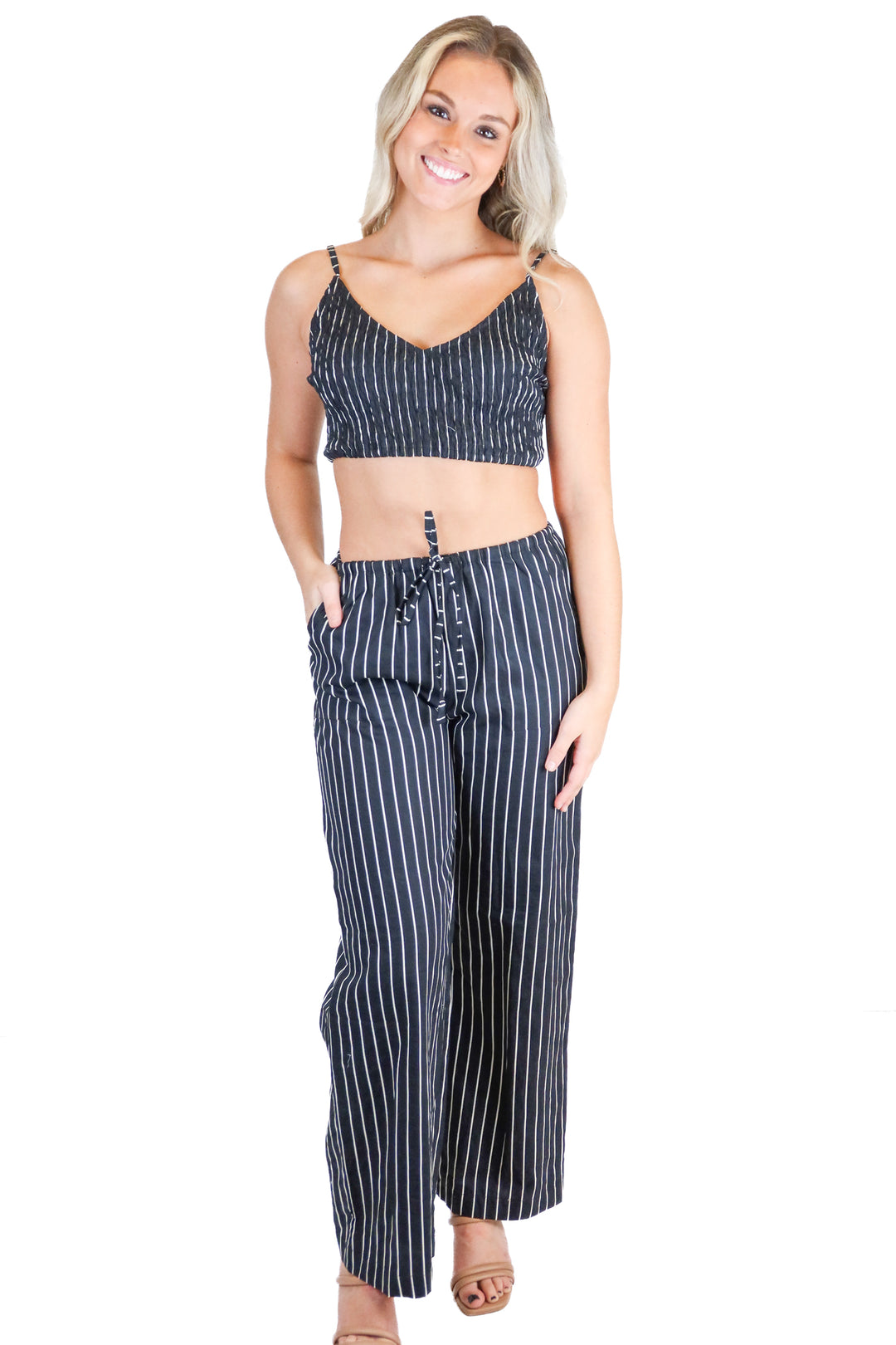 Lusana Black & White Striped Poplin Bralette and Pant Set NWT (XS/2; retail $249)