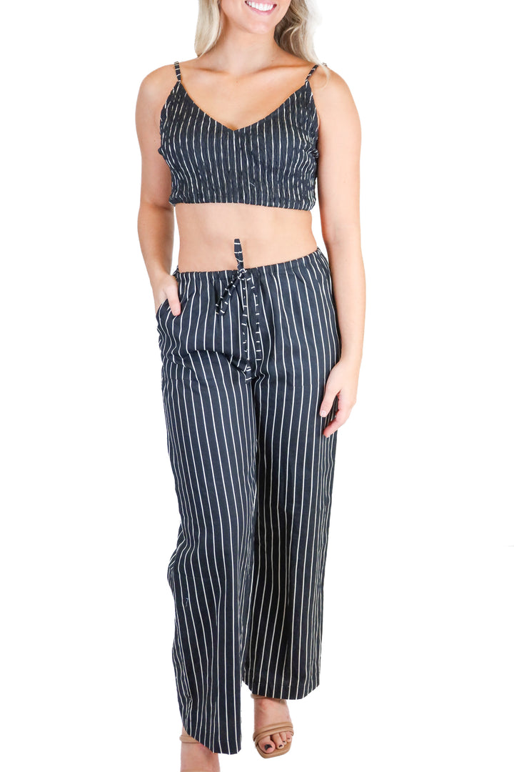 Lusana Black & White Striped Poplin Bralette and Pant Set NWT (XS/2; retail $249)