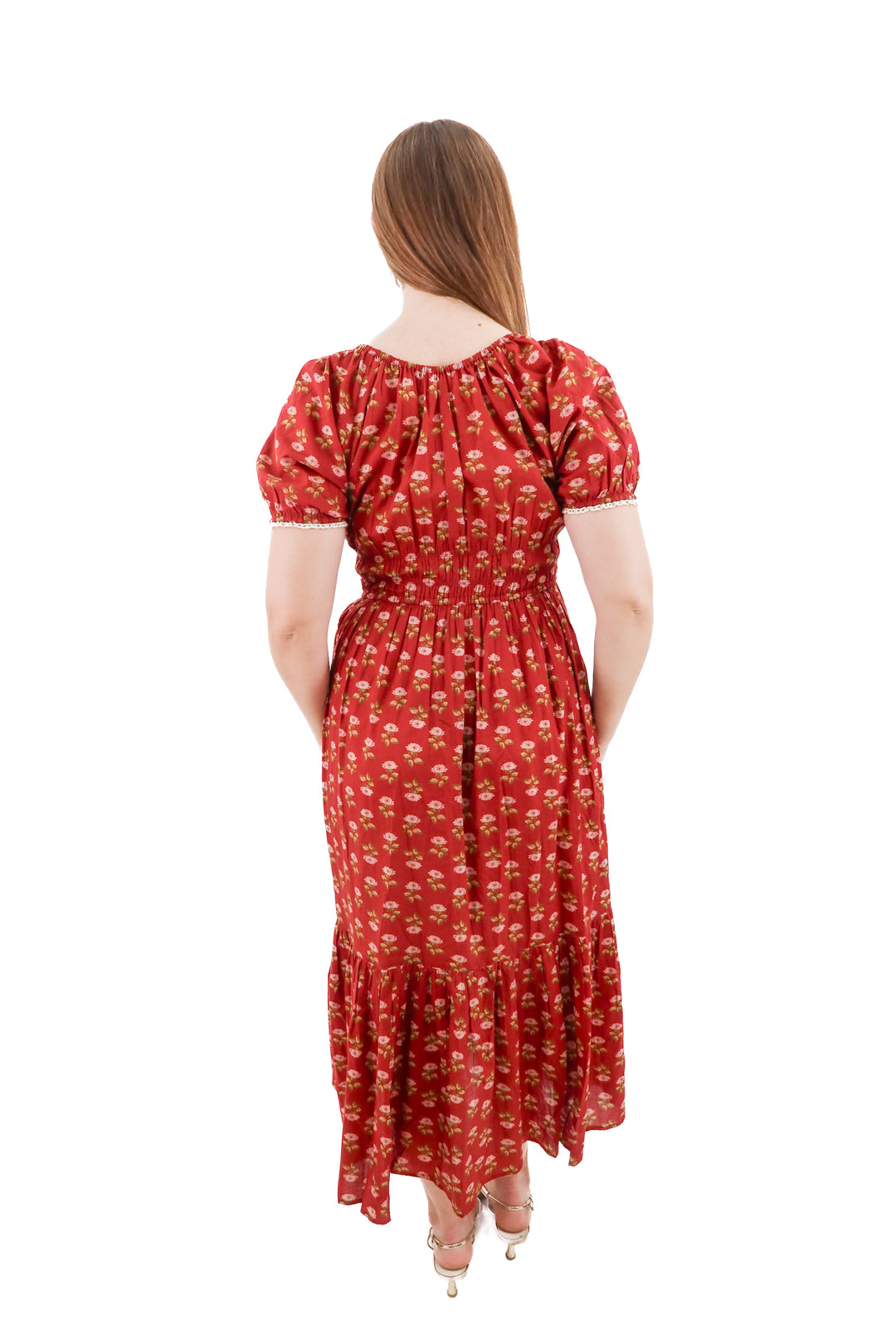 christy dawn red floral short sleeve maxi dress (s)