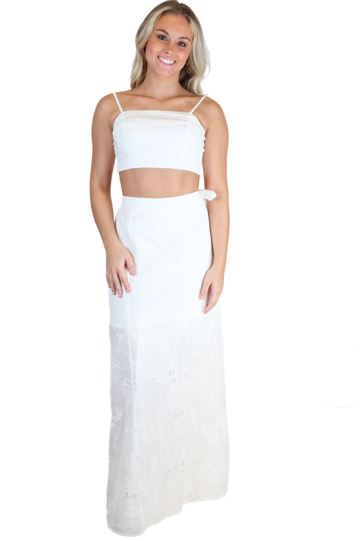 Trina Turk White Eyelet Cropped Top & Wrap Maxi Skirt NWT (XS; Retail $575)