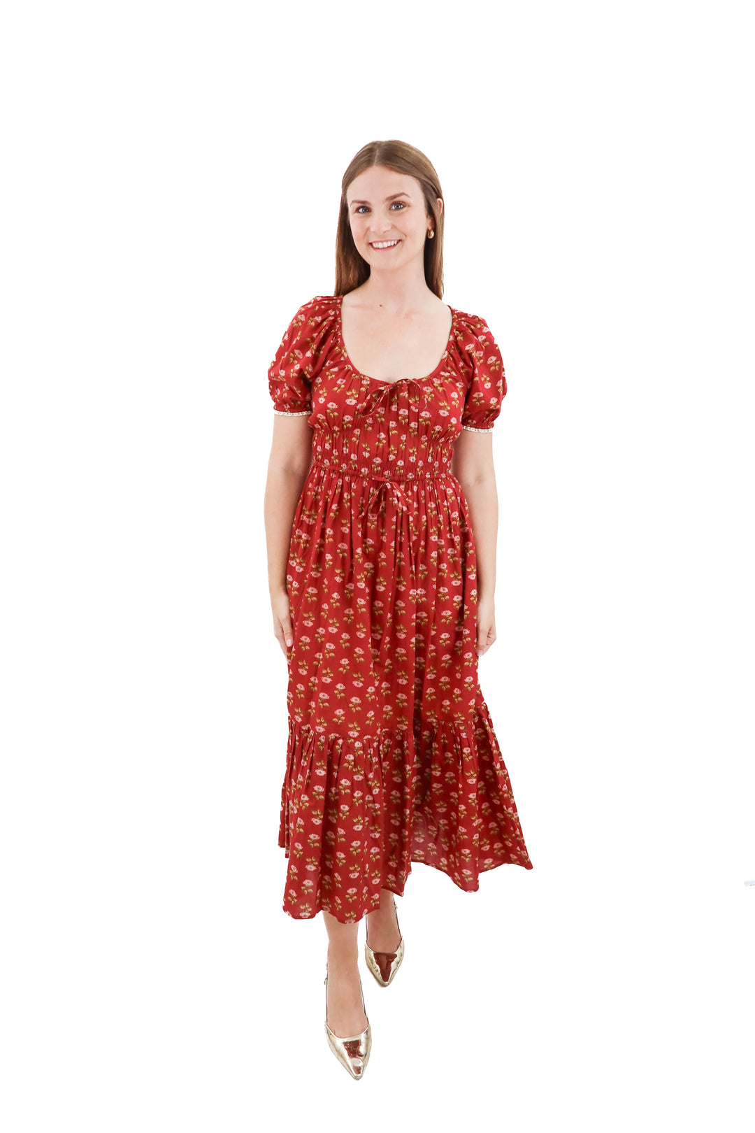 christy dawn red floral short sleeve maxi dress (s)