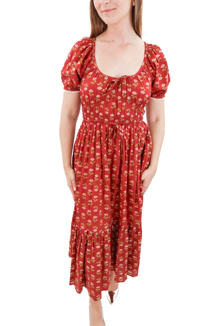 christy dawn red floral short sleeve maxi dress (s)