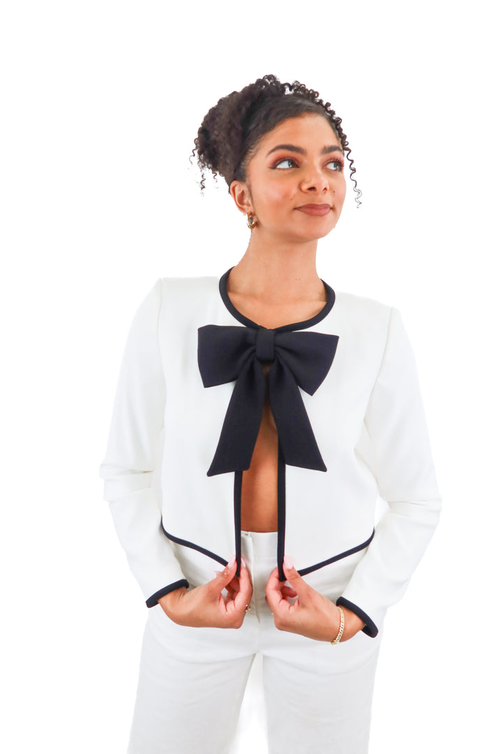 alice + olivia white/black tie front cardigan (s; retail $495)