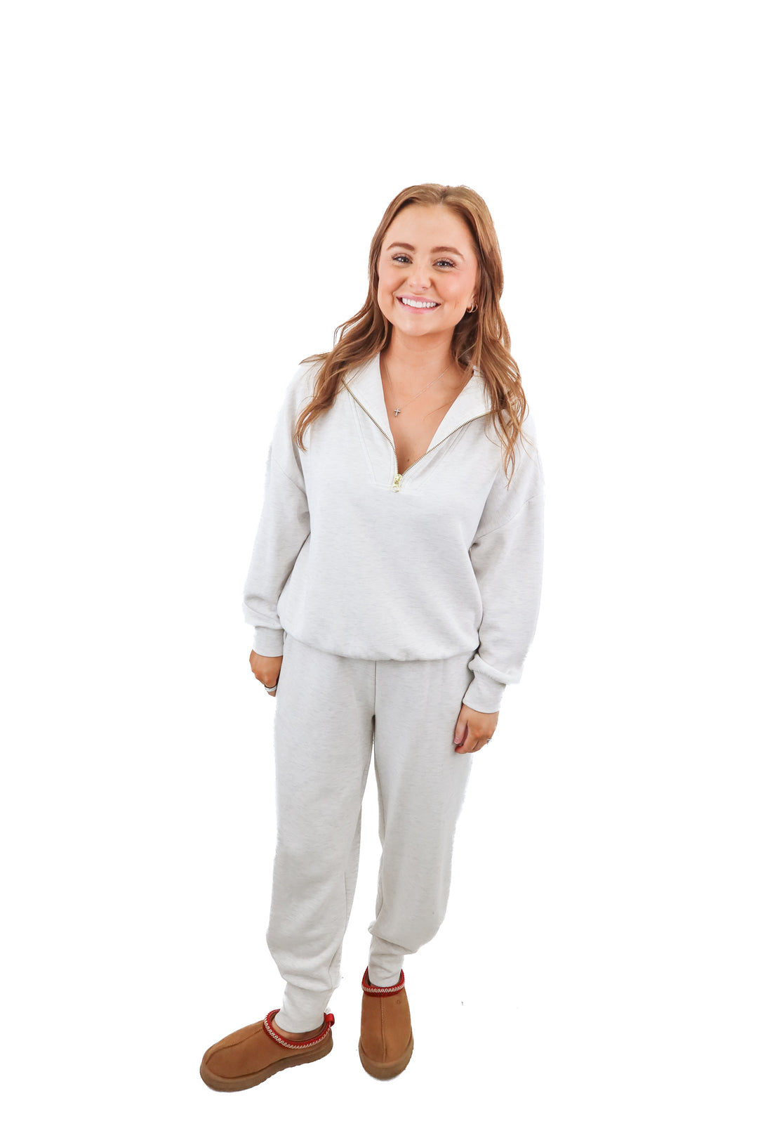 varley doublesoft grey quarter zip and jogger set (s; retail $276)