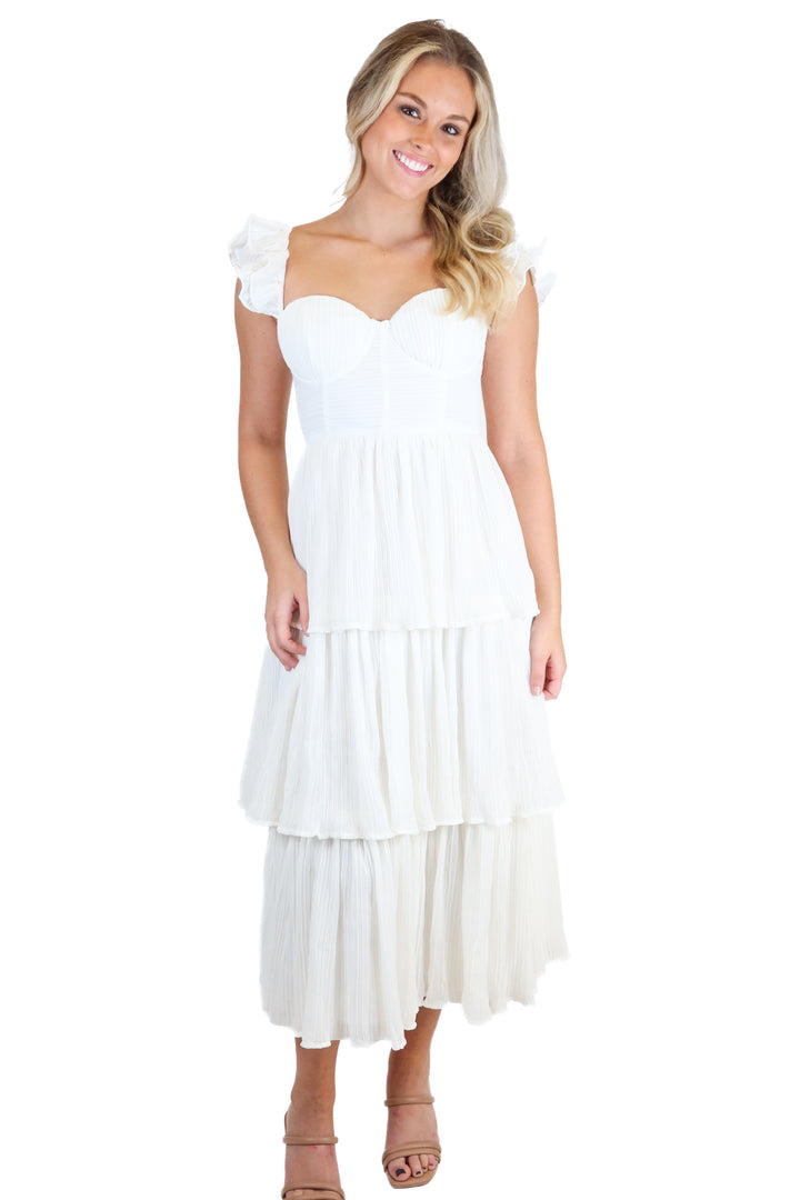 Rachel Parcel White Corset Pleated Midi Dress NWT (2; retail $278)