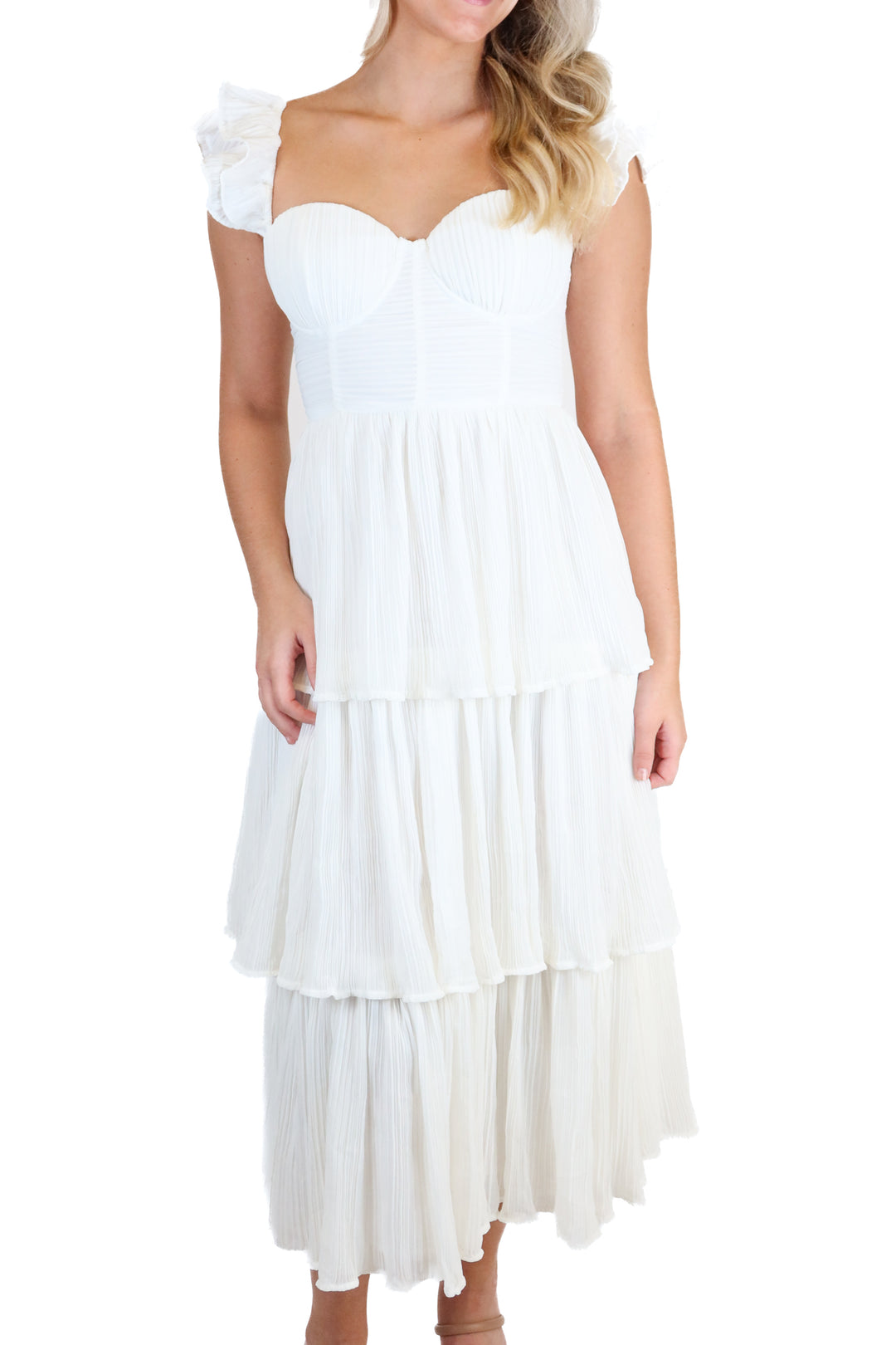 Rachel Parcel White Corset Pleated Midi Dress NWT (2; retail $278)