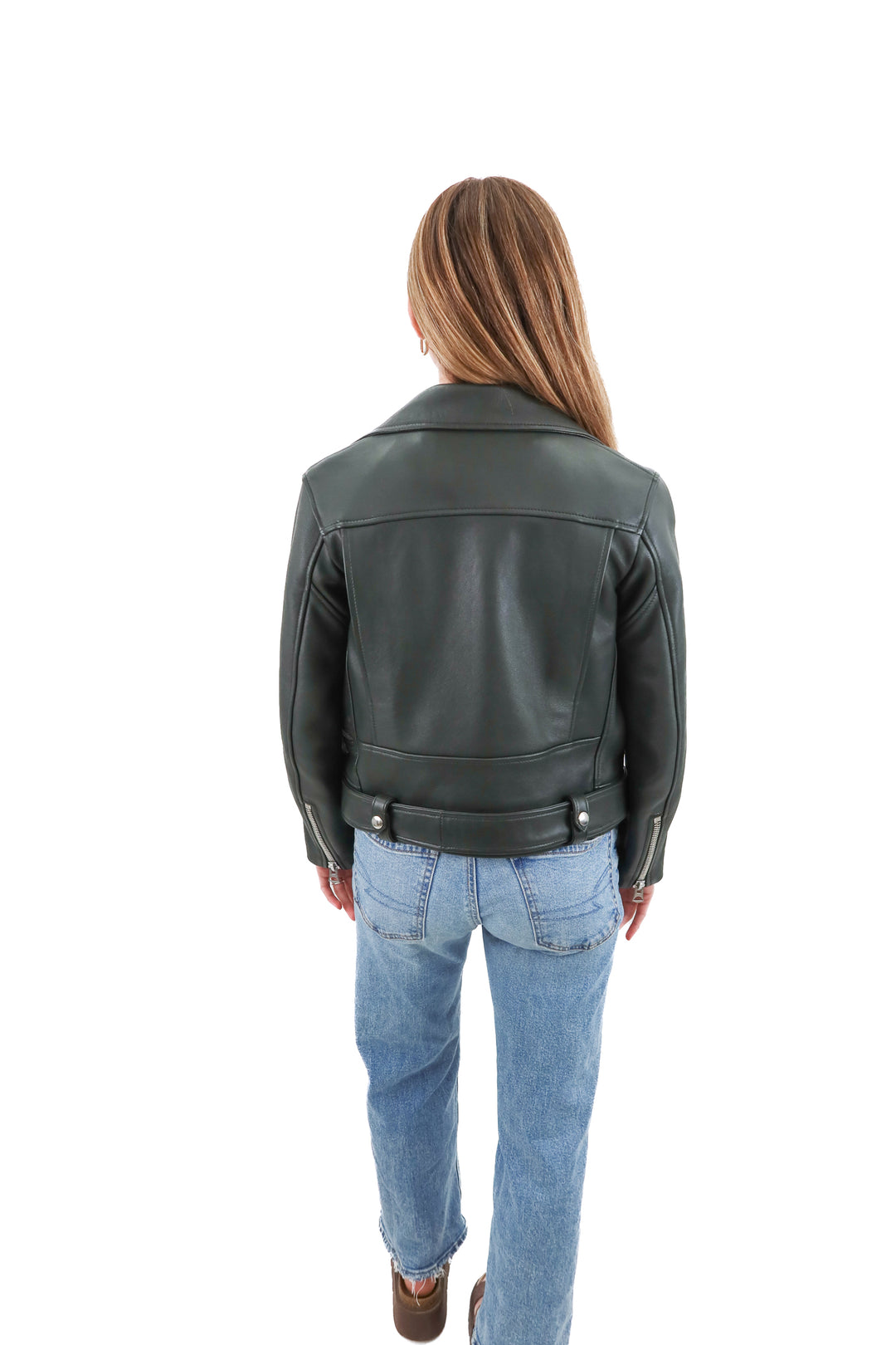 acne studios dark green moto leather jacket (34/ US2; retail $1900)