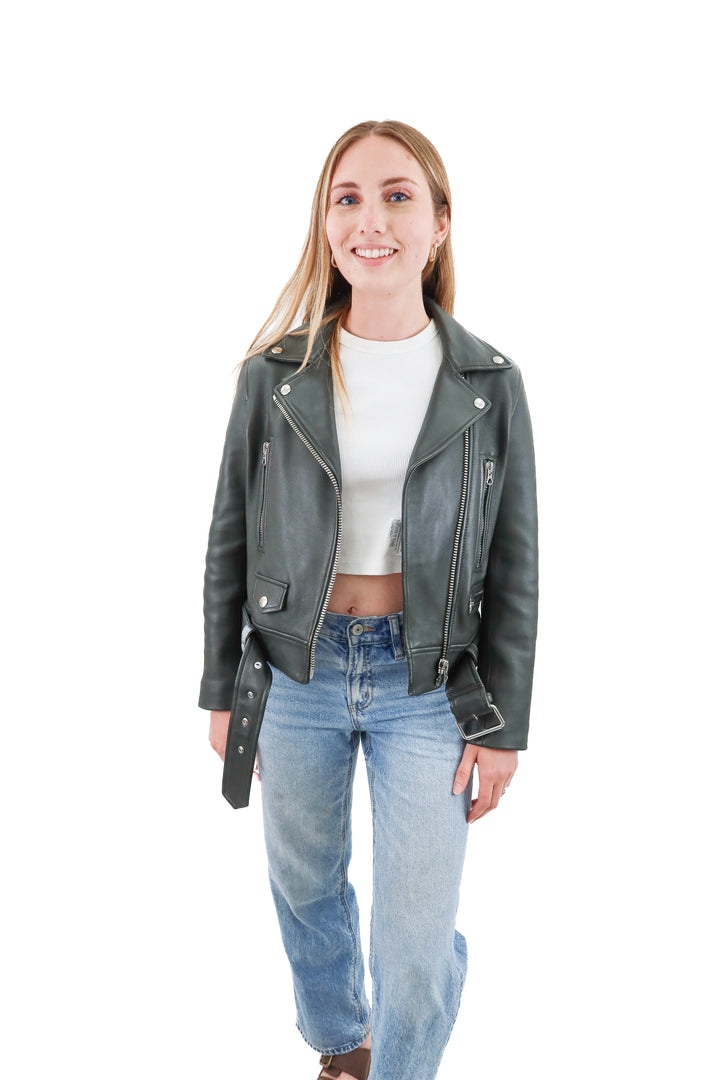 acne studios dark green moto leather jacket (34/ US2; retail $1900)