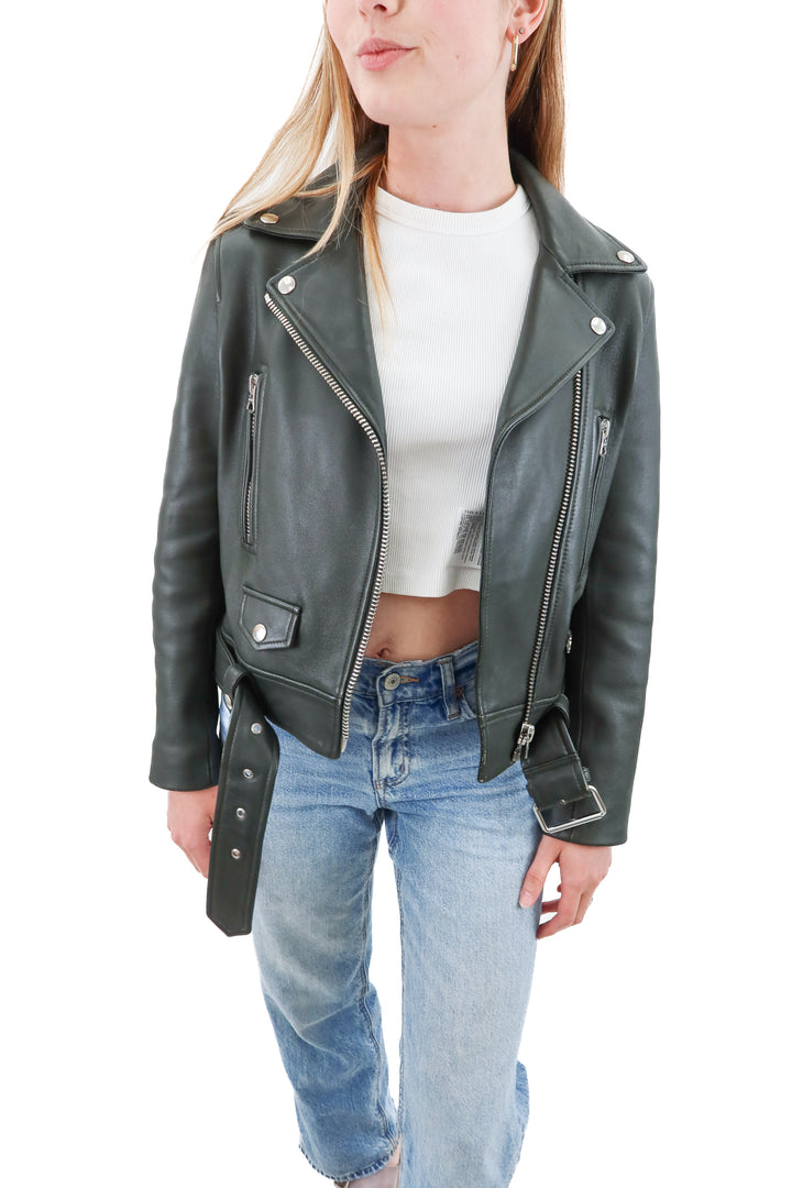 acne studios dark green moto leather jacket (34/ US2; retail $1900)