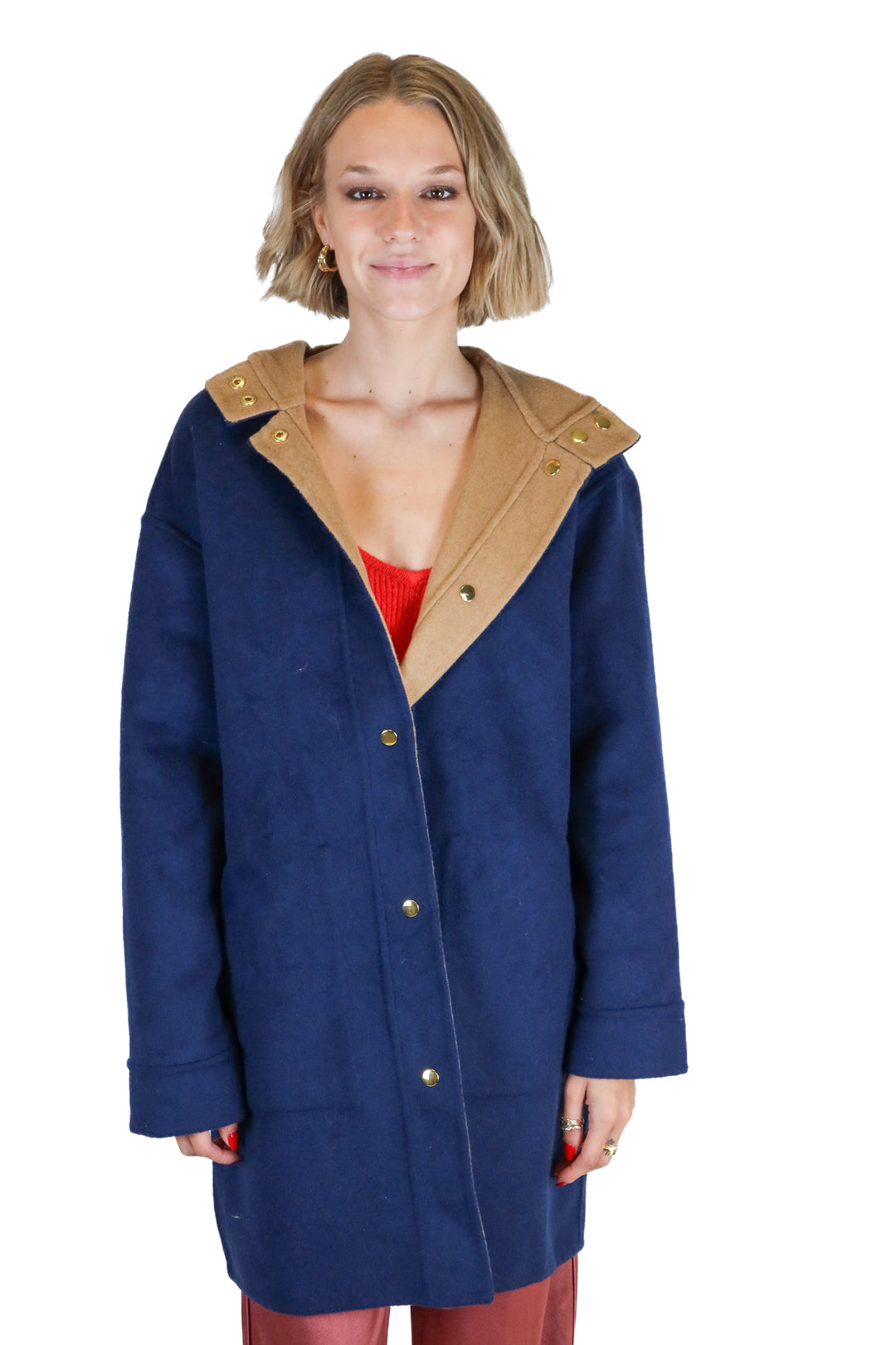 Ann Taylor Reversible Navy and Tan Hooded Coat NWT (S; retail $298)