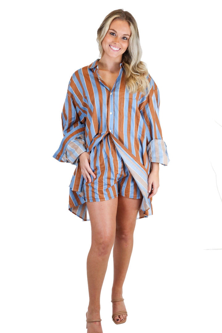 Blanca Brown & Blue Button Down Shirt and Shorts Set (S/M; retail $359)