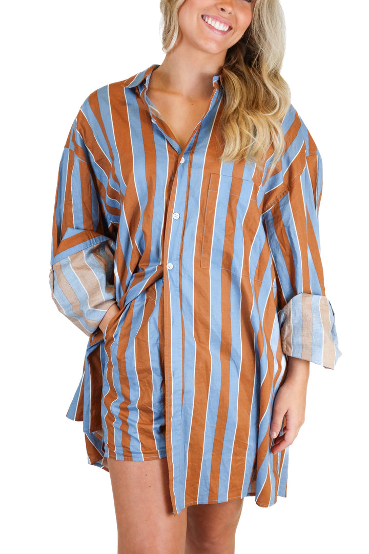 Blanca Brown & Blue Button Down Shirt and Shorts Set (S/M; retail $359)