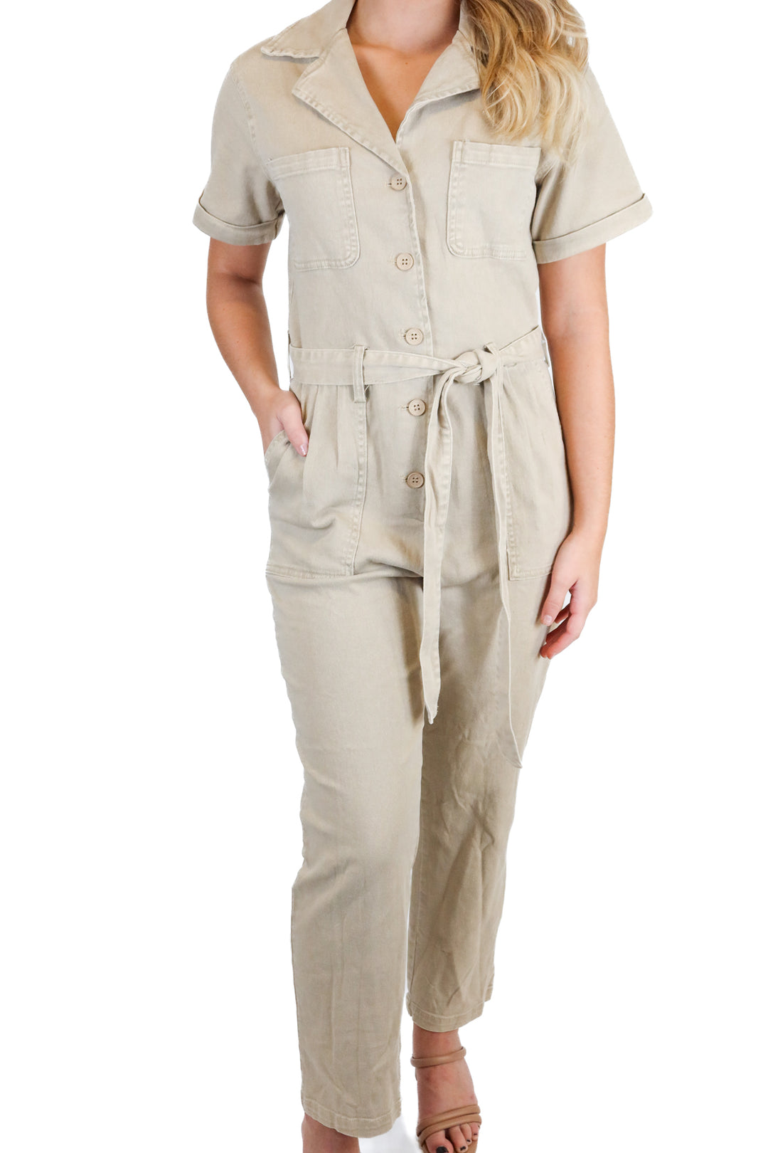Skies are Blue Tan Jumpsuit (XS; retail $90)