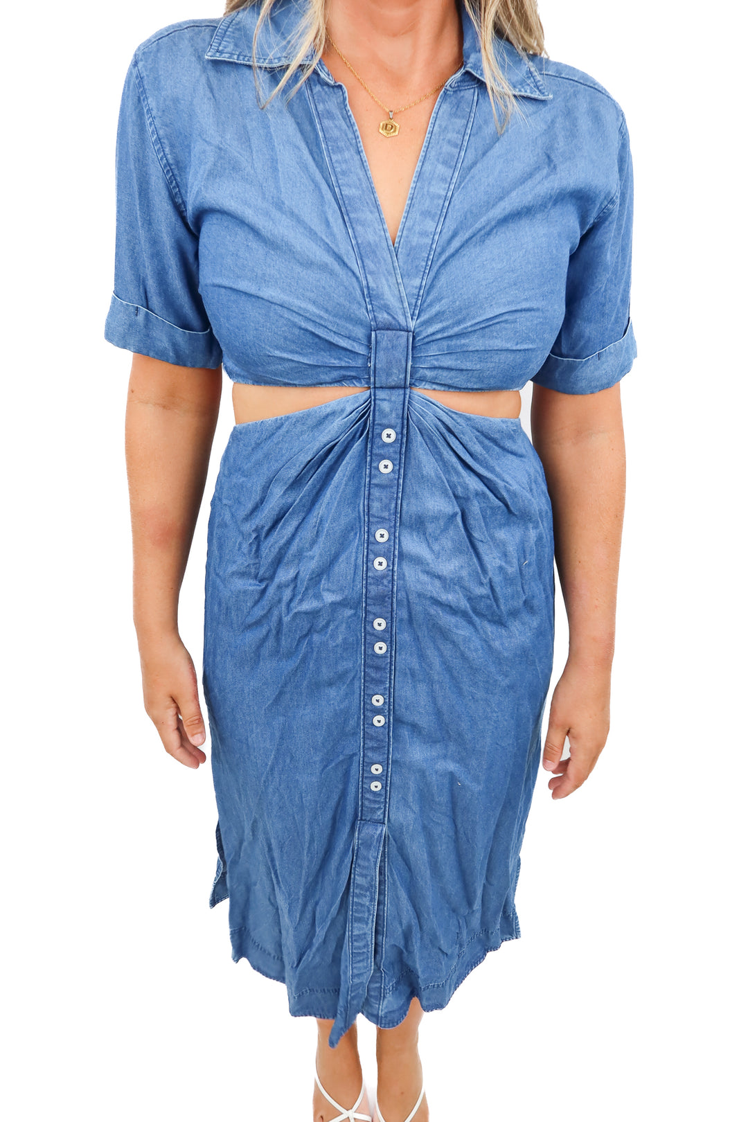 travis mathew chambray cut out maxi dress (m; retail $160)