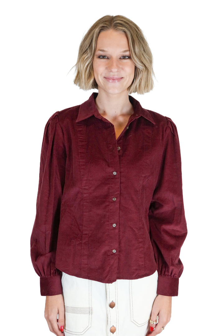Ann taylor burgundy corduroy button up (xs; retail $98)