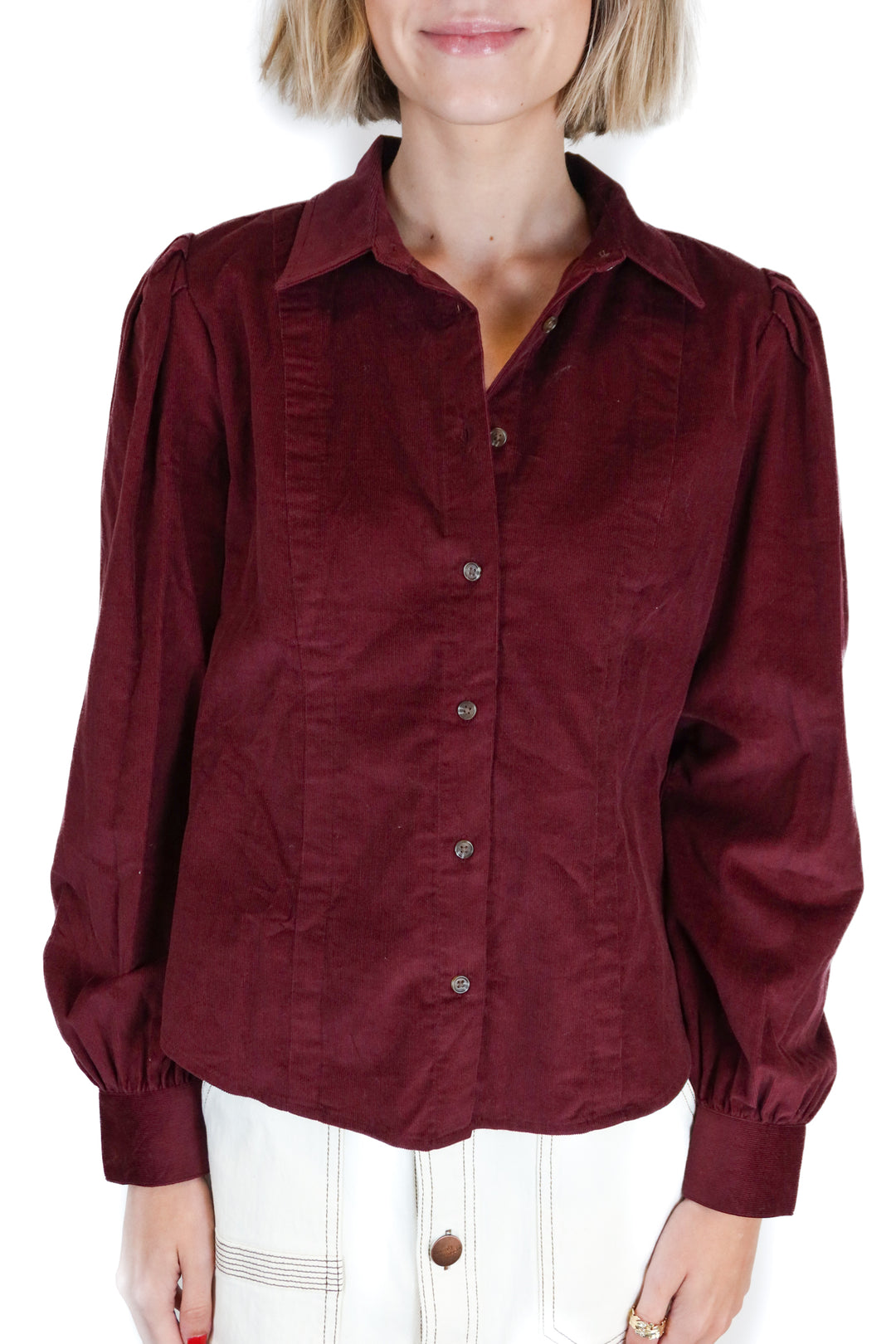 Ann taylor burgundy corduroy button up (xs; retail $98)