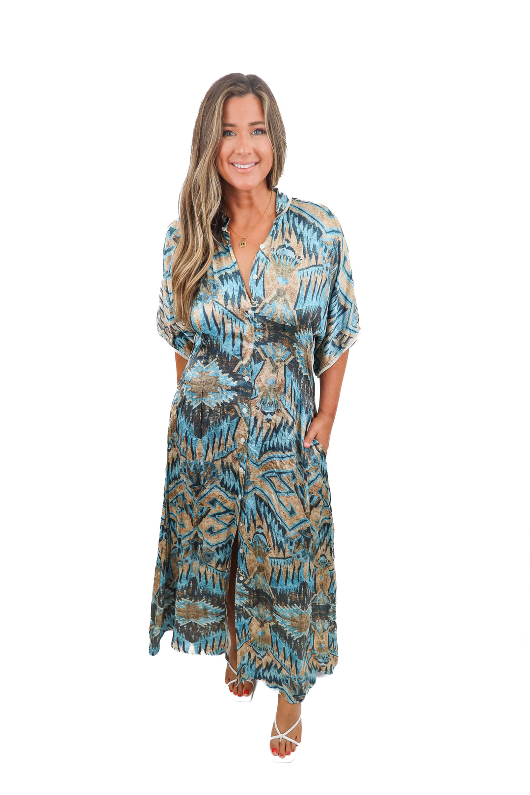 chufy nile tales blue printed dress (m; retail $555)