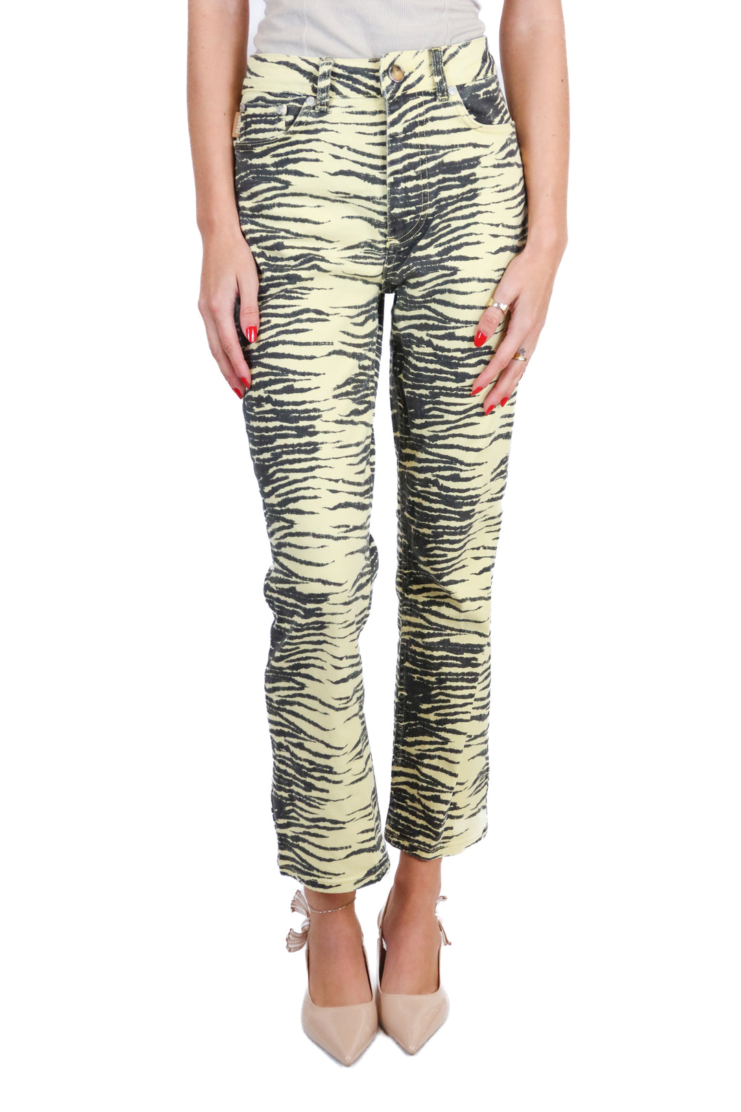 ganni yellow tiger stripe jeans (25; retail $375)