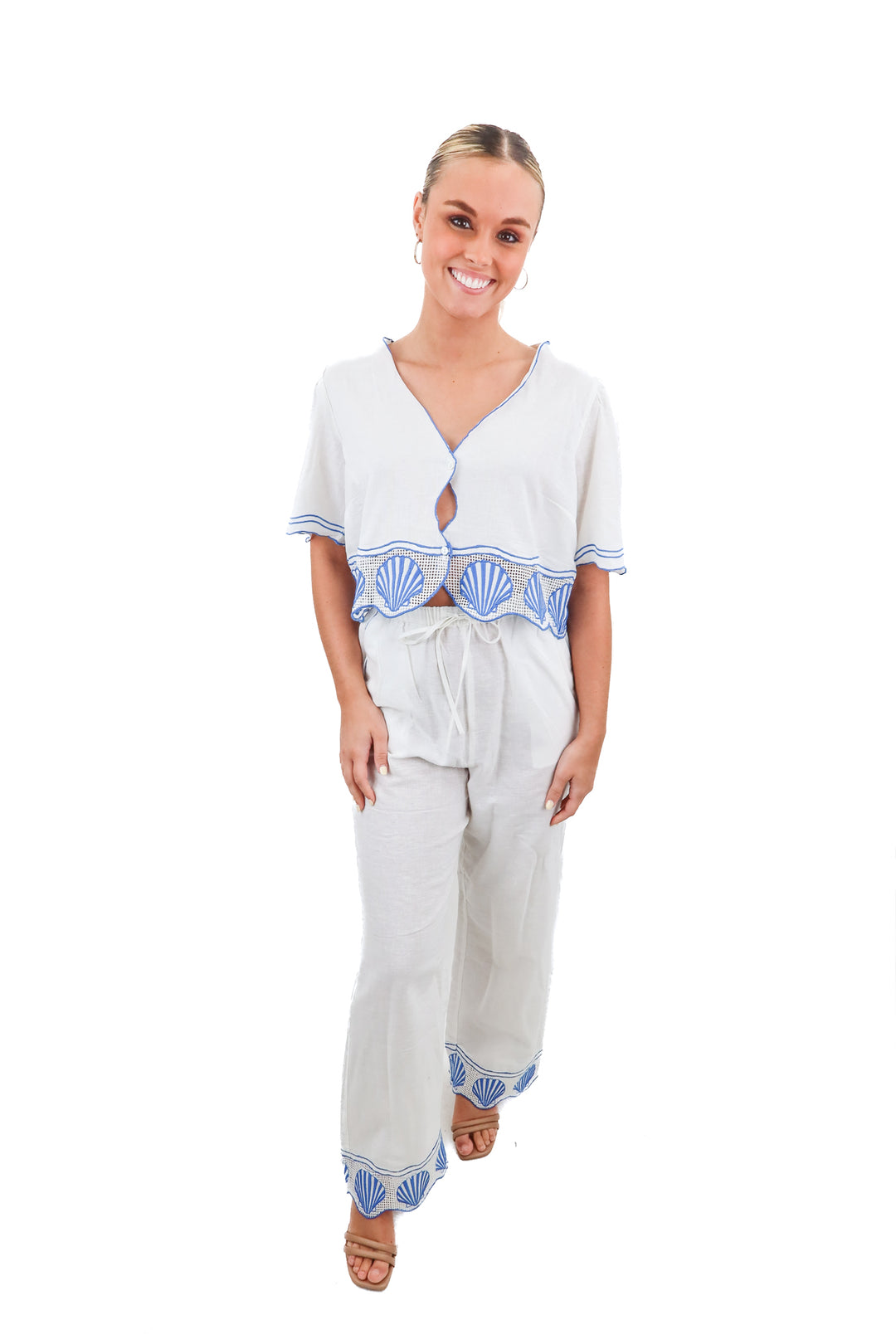 rails white linen blue seashell embroidered hem pants set NWT (S; retail $396)