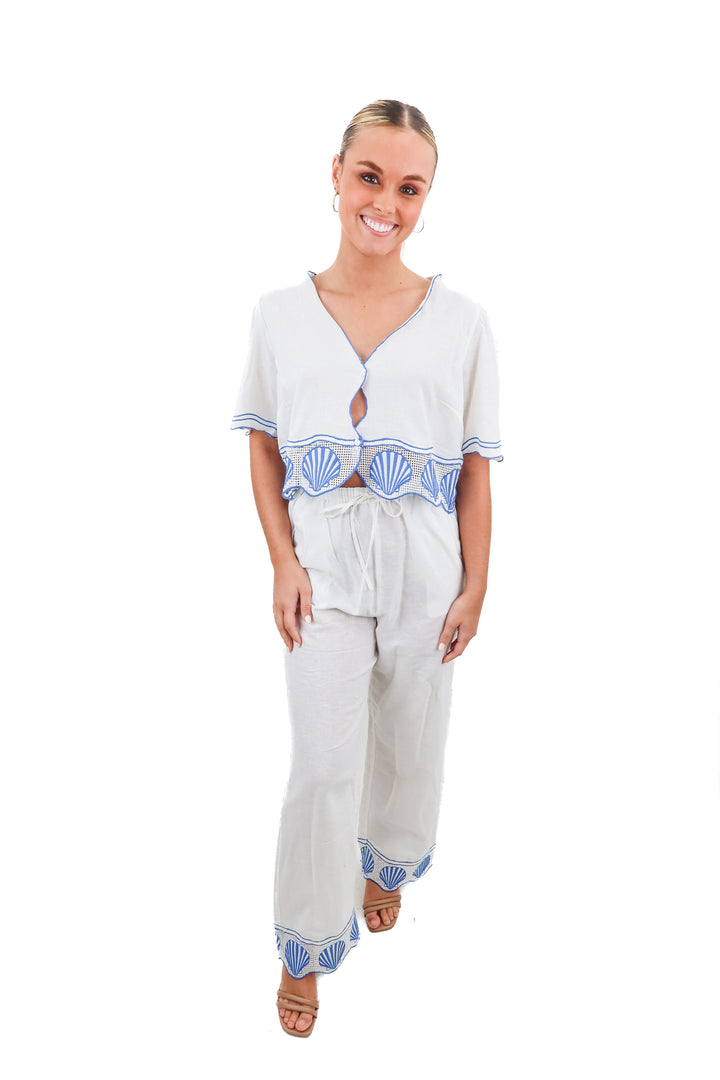 rails white linen blue seashell embroidered hem pants set NWT (S; retail $396)