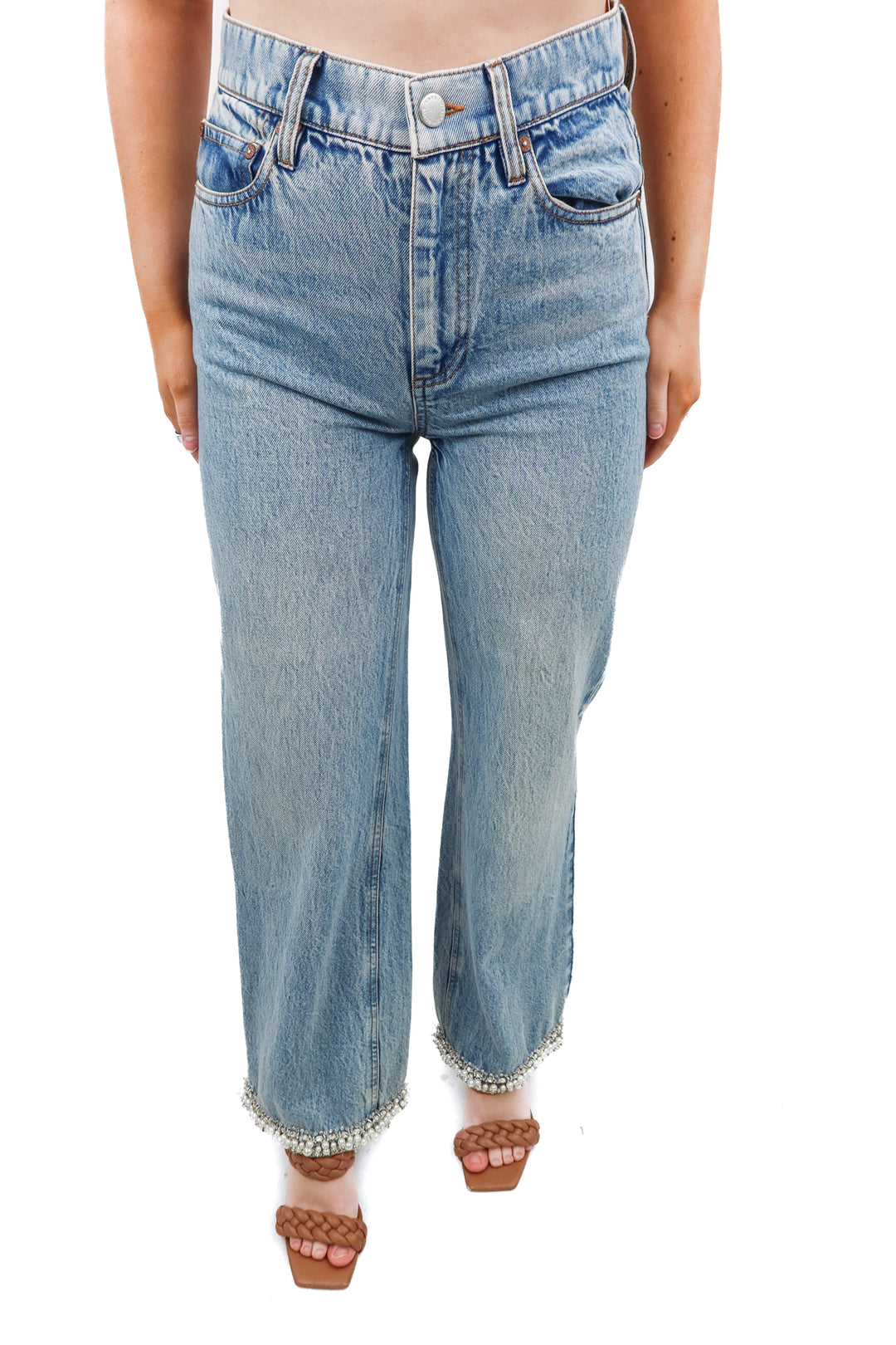 Alice & Olivia light wash straight jean with pearl/crystal bed hem embellishedments (26)