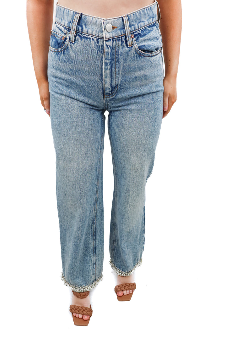 Alice & Olivia light wash straight jean with pearl/crystal bed hem embellishedments (26)