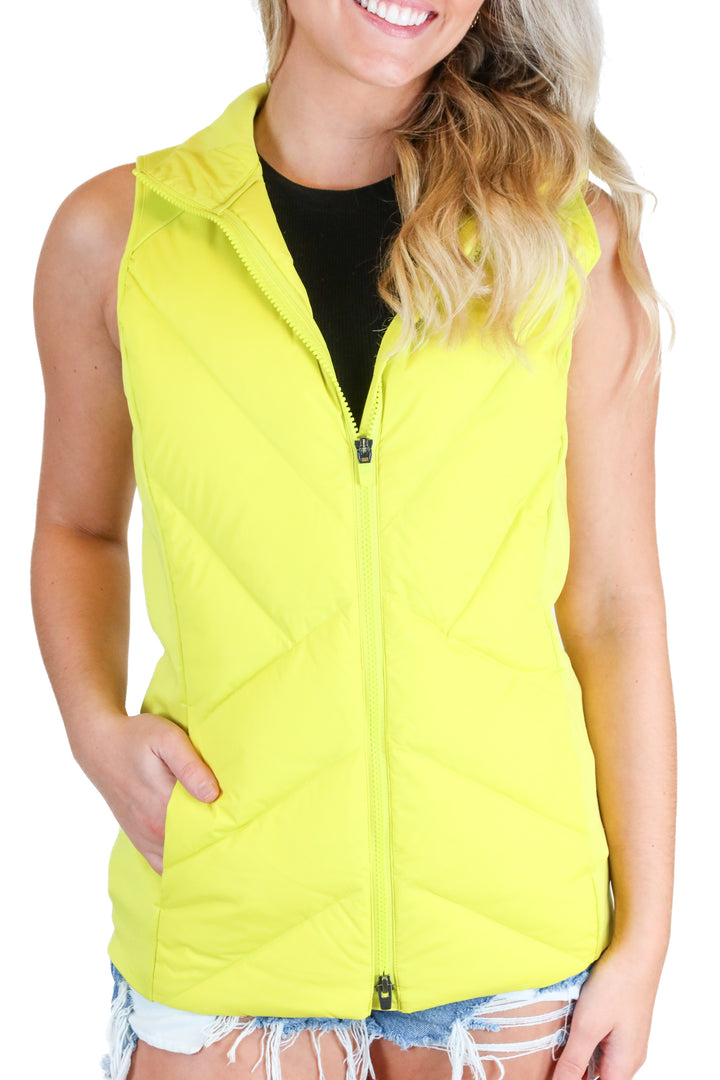 Athleta neon yellow puffer vest (S; retail $179)