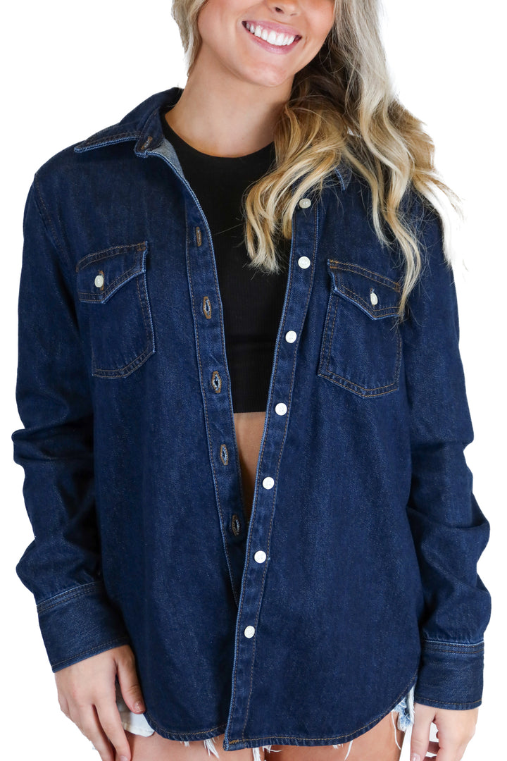 Ann Taylor dark denim long sleeve button down NWT (M; retail $89.50)