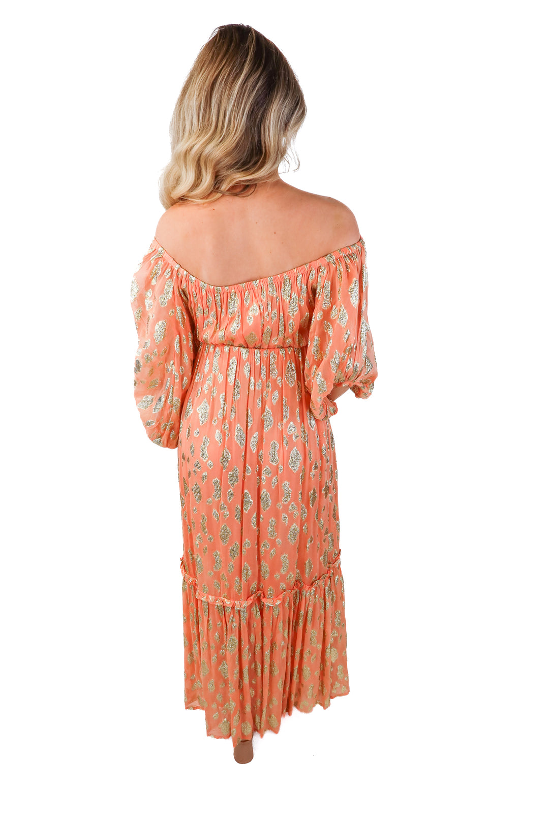 sundress peach/gold metallic maxi dress (m/l; retail $200)