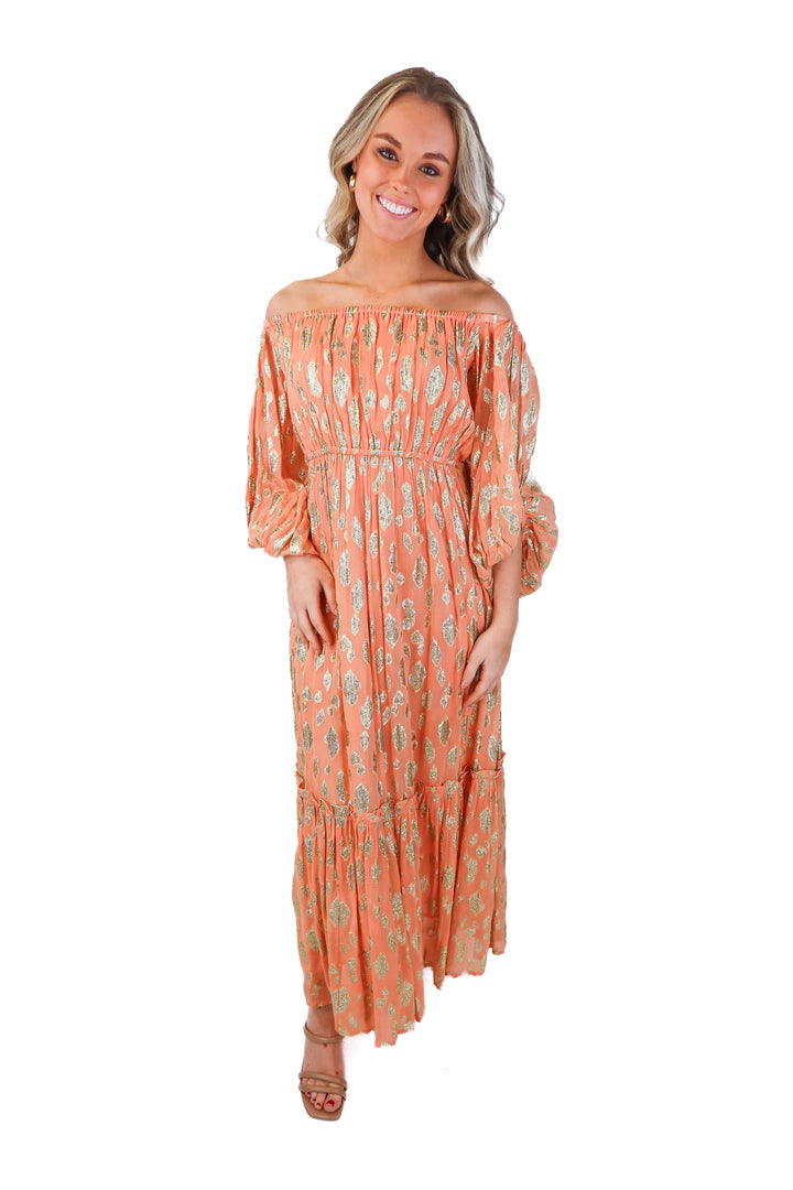 sundress peach/gold metallic maxi dress (m/l; retail $200)