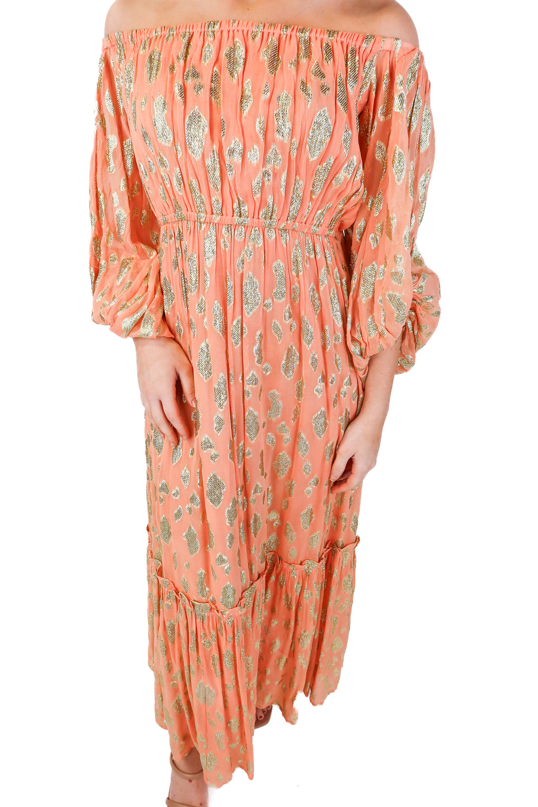 sundress peach/gold metallic maxi dress (m/l; retail $200)