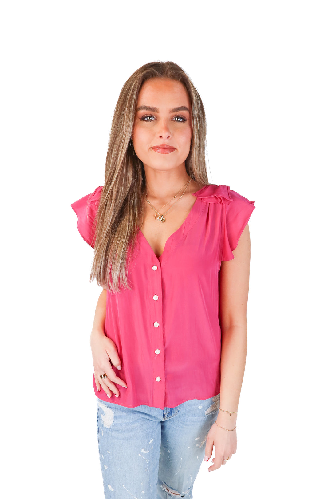 koch pink button up top (s; retail $295)