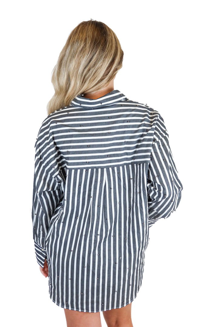 Theo gray/white striped button down w/ beads NWT (S; retail $295)