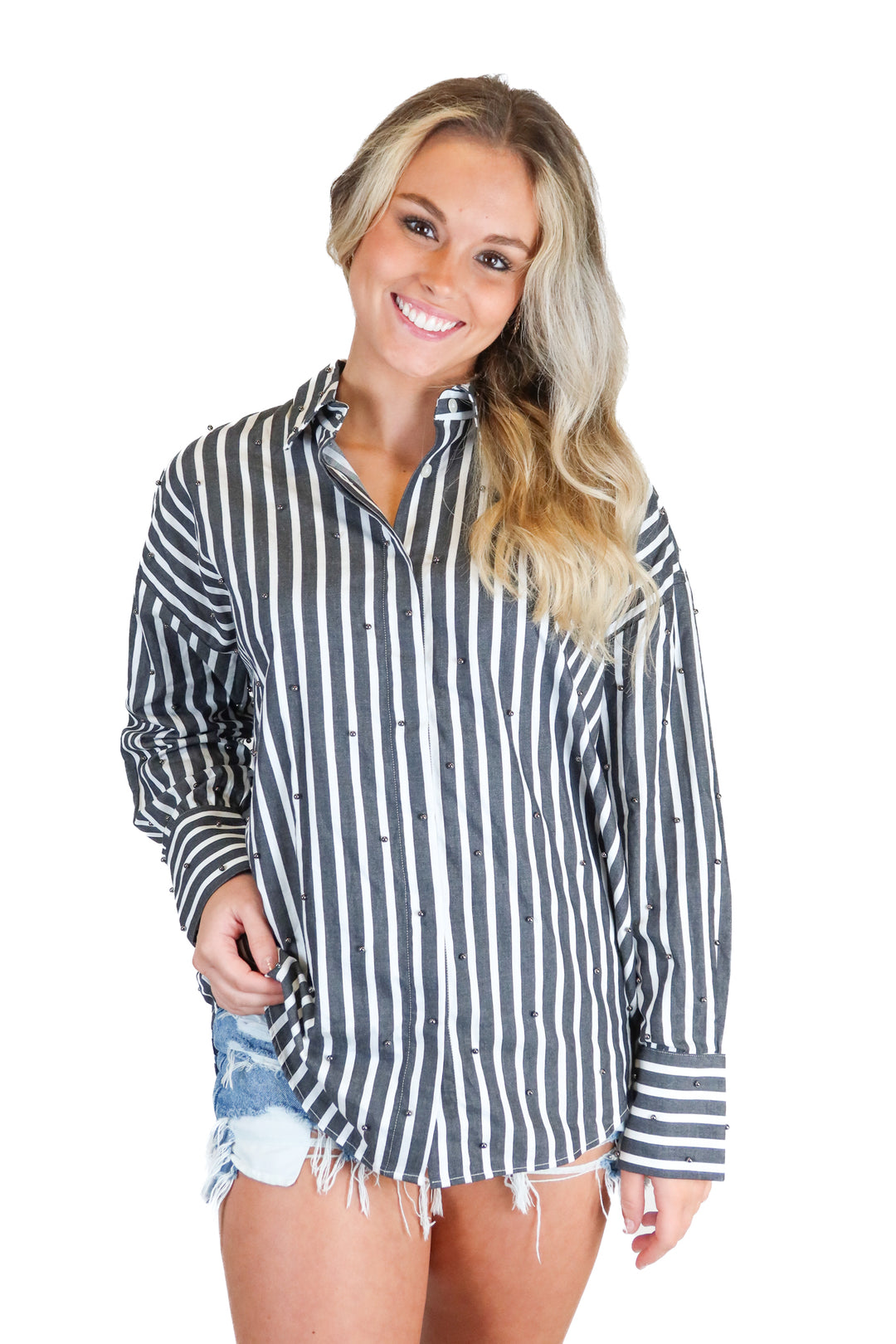 Theo gray/white striped button down w/ beads NWT (S; retail $295)
