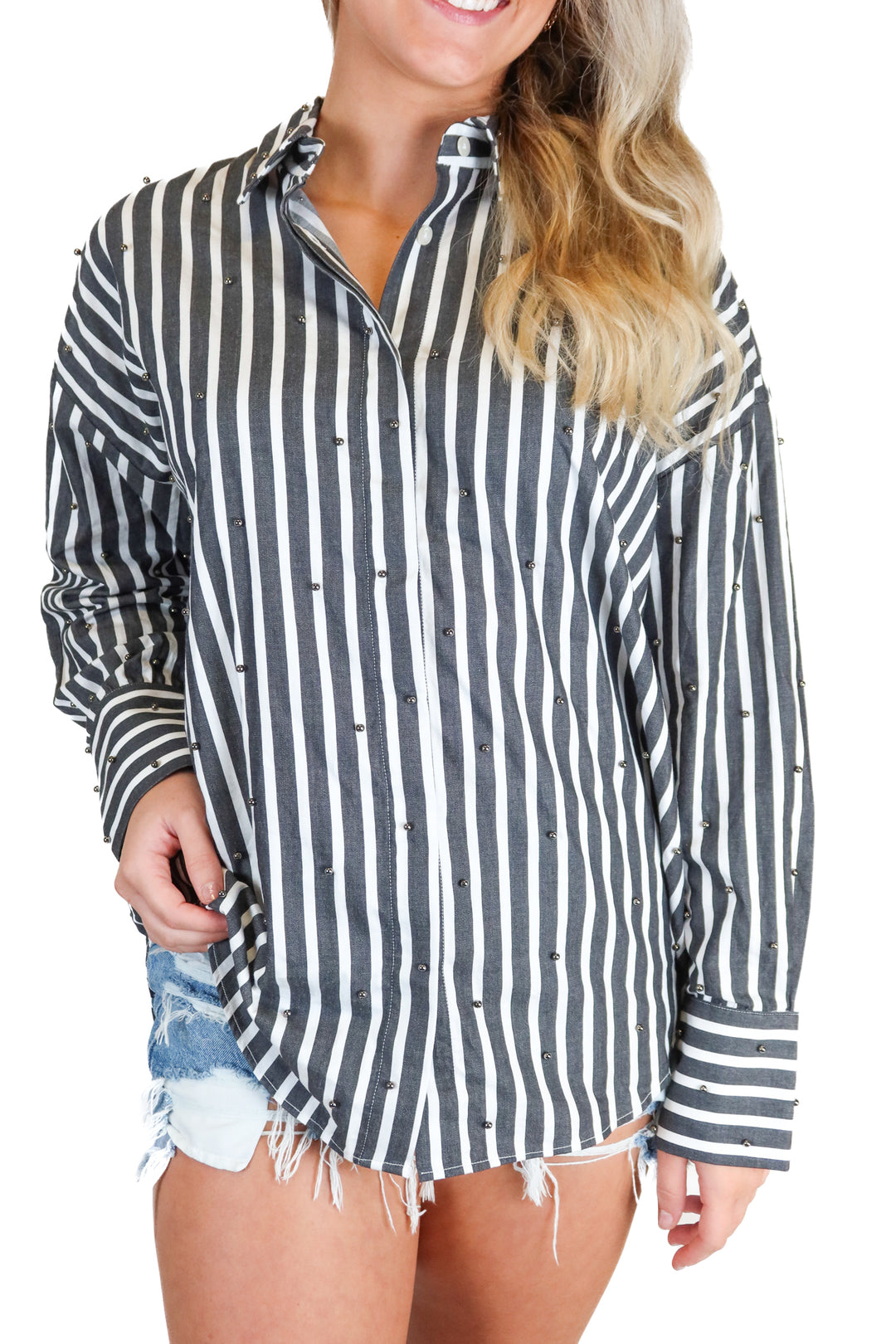 Theo gray/white striped button down w/ beads NWT (S; retail $295)
