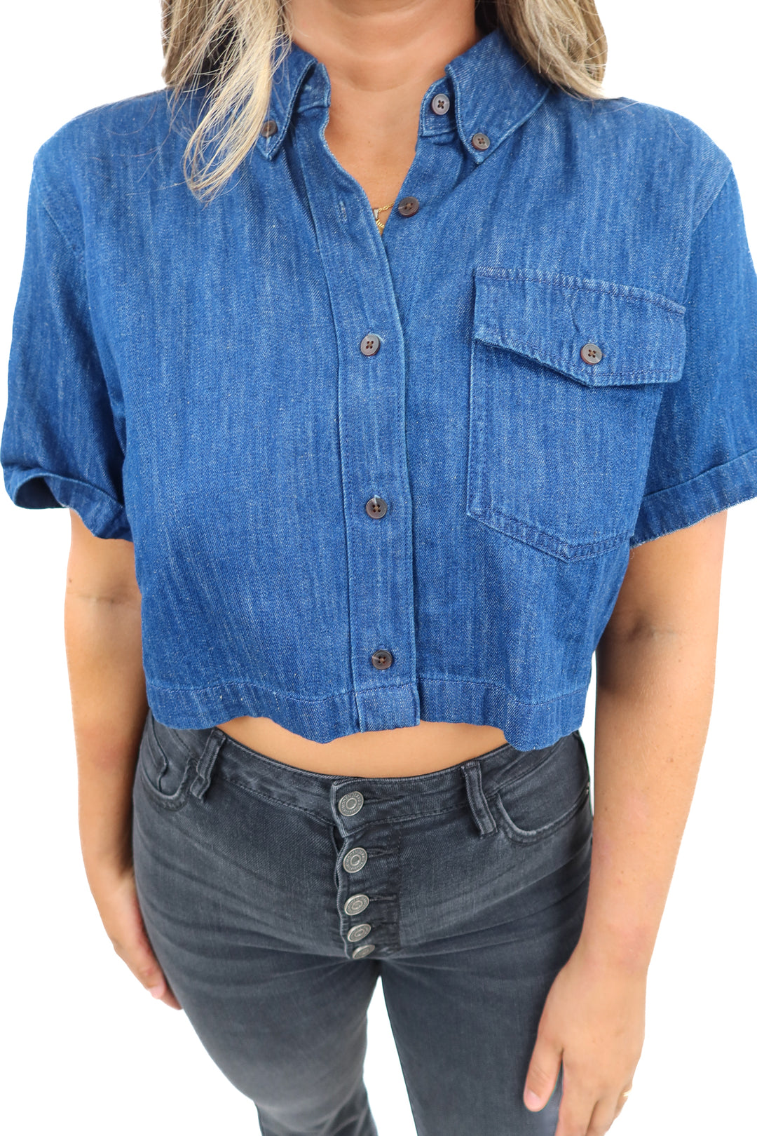 j.crew denim short sleeve top (m; retail $70)