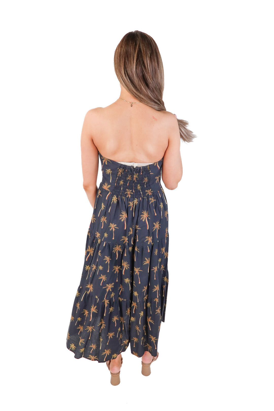 lavender brown palm tree dress (m;retail $325)