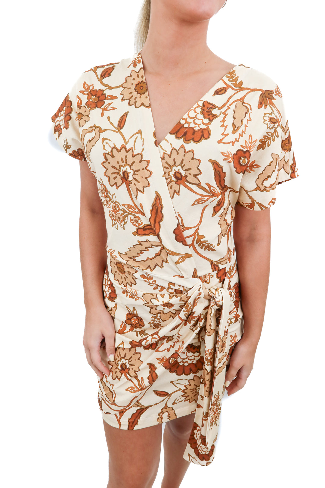 Sezane cream/brown  floral faux wrap dress (S)
