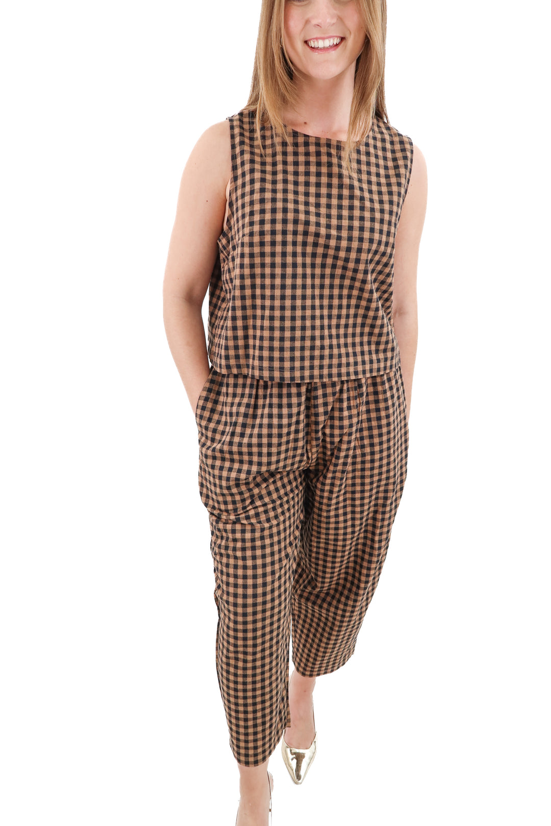 fashion black and brown gingham top and pant set (xl; retail $45)