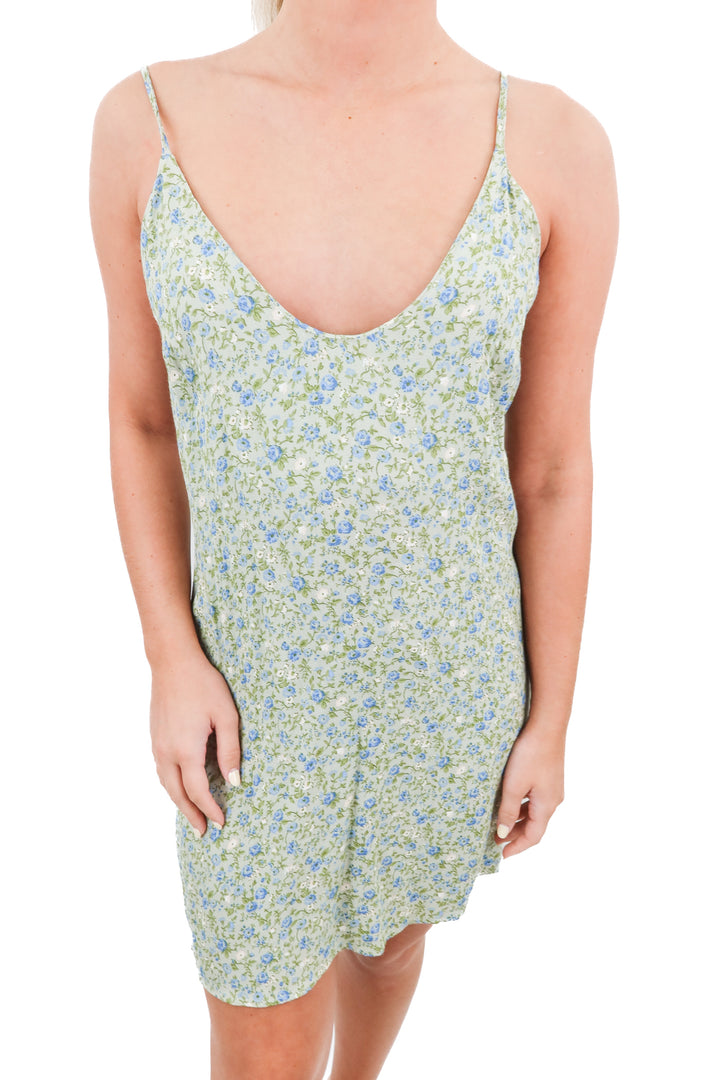 reformation green floral mini dress (s; retail $148)