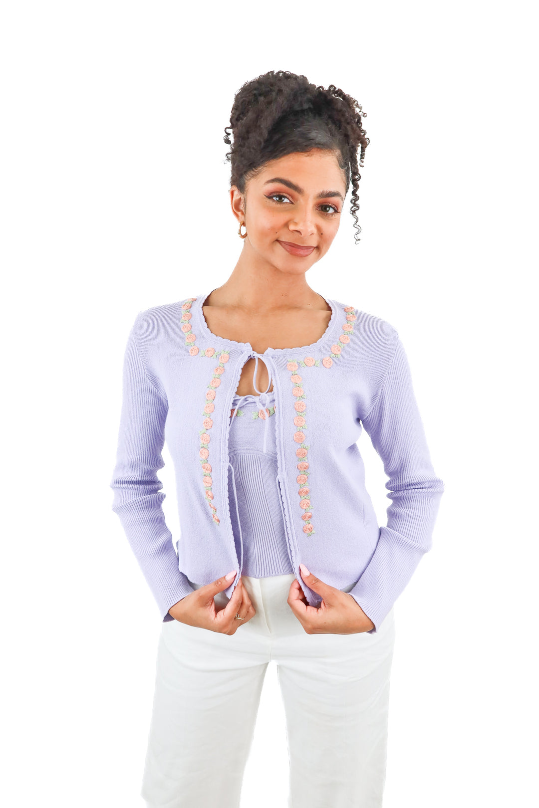 Rouje Paris lavender/floral embroidered top and cardigan set (38; retail $98)