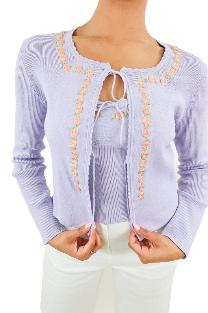 Rouje Paris lavender/floral embroidered top and cardigan set (38; retail $98)