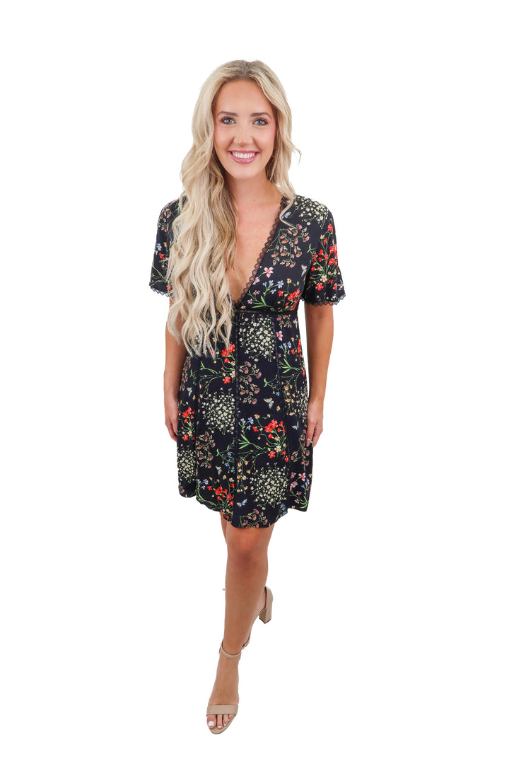 alice + olivia black floral mini dress (8; retail $495)