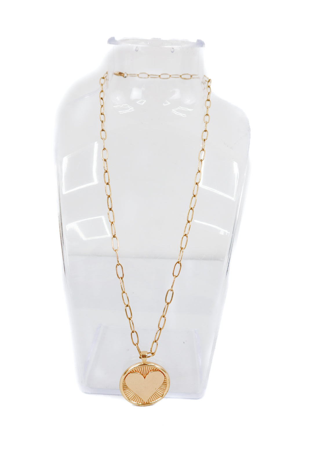 gold necklace with double sided love and heart charm