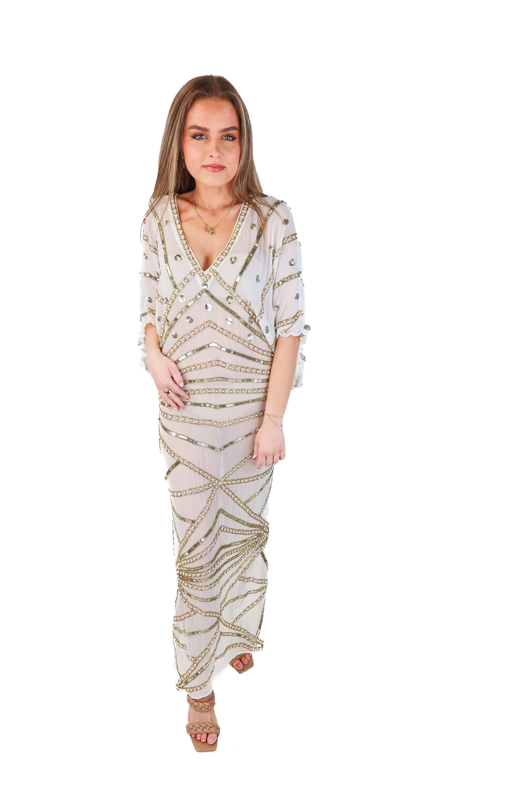 jens pirate booty white/gold maxi dress (m; retail $428)