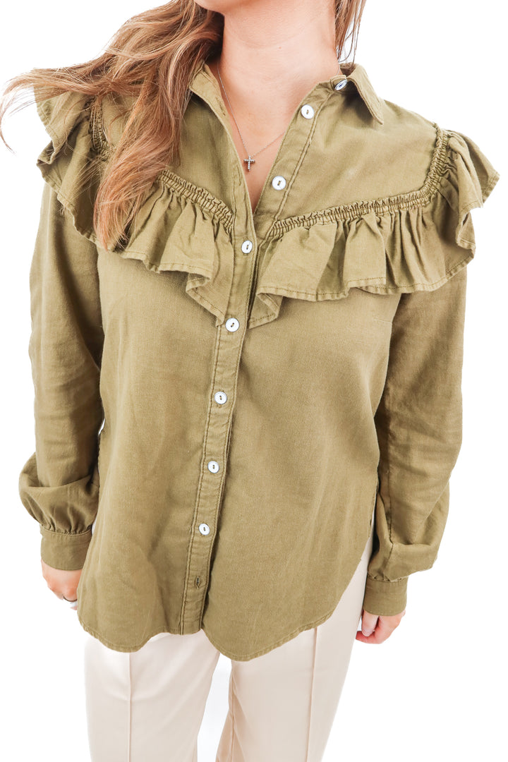 Pilcro army green ruffle blouse (XS; retail $88)